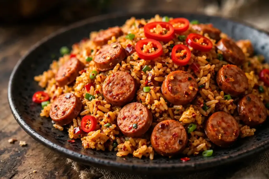 Spicy chicken sausage fried rice with sliced sausage and fresh chili on top