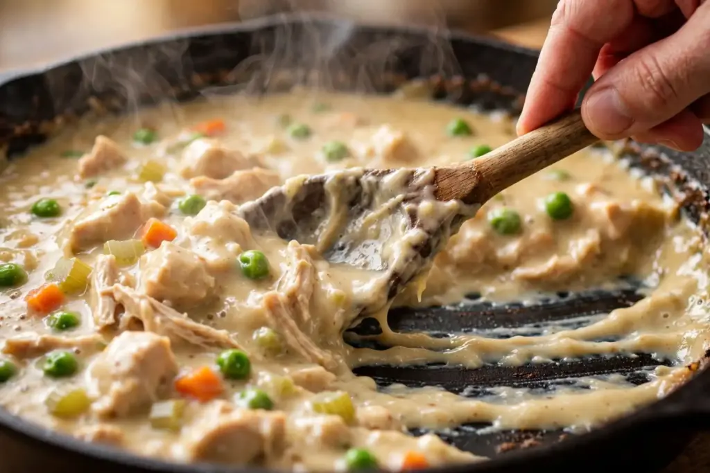 Classic Chicken Pot Pie (Buttery Crust, Creamy Filling, Made From Scratch) 4 Close up of chicken pot pie filling at the thickened gravy stage, showing a spoon trail through the sauce