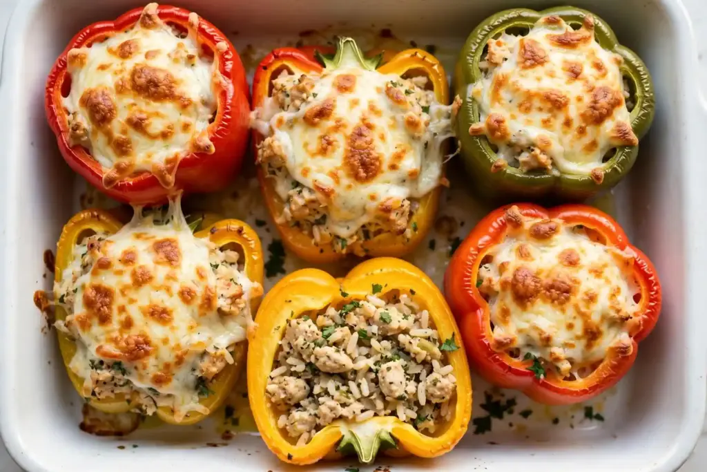 Ground chicken stuffed peppers with melted cheese, one sliced open, from this list of ground chicken recipes