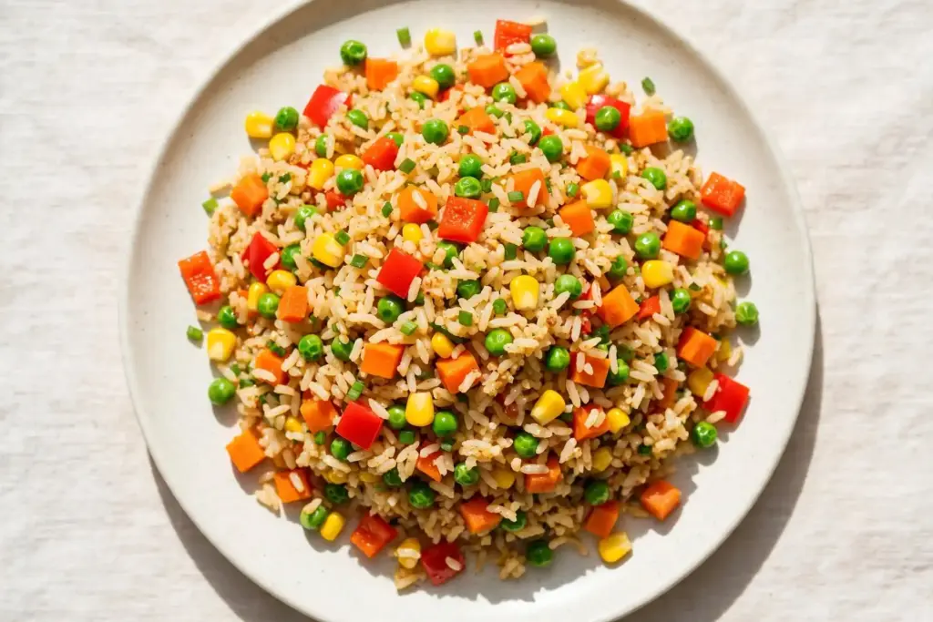 Colorful vegetable fried rice with carrots, peas, and bell pepper, a vegan entry in this roundup